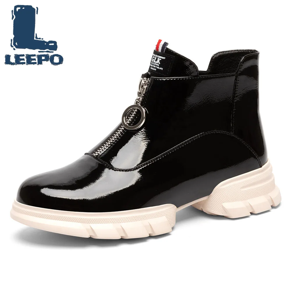 

LEEPO Flats Platforms Women Fashion Genuine Leather Spring Summer Solid Casual High Top Shoes Woman Round Toe Black Flats Shoes