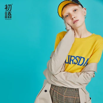 

Toyouth New Autumn Lazy Letter Solid Knitted Sweater for Women Long Sleeve Round Neck Simple Brief Female Sweaters Pullover Tops