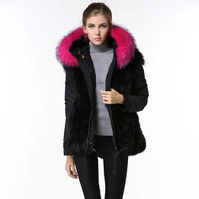 black coat with pink fur hood
