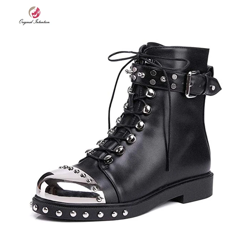 

Original Intention Ankle Boots Women Big Size Black Round Toe Inlaid Rivet Winter Flat Heels Casual Motorcycle Boots Shoes Woman