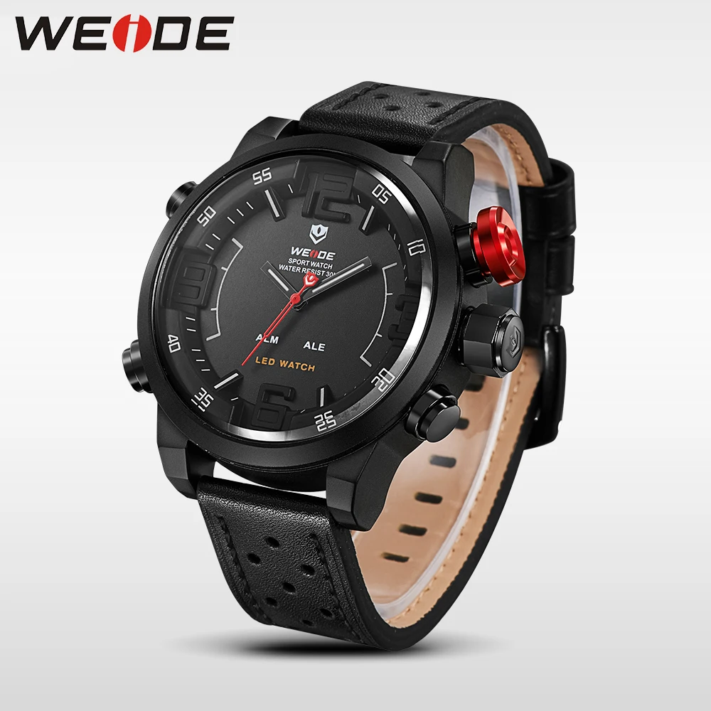 WEIDE Men's Business Casual Sports Quartz LED Display Top Luxury Brand Quartz Leather Strap Military Army Wrist Watch  Clock