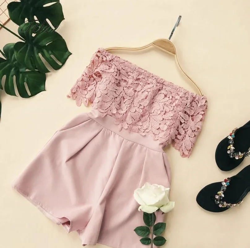 

Summer Playsuits Women Slim Sexy Off The Shoulder Shorts Romper Woman Elegant Patchwork Lace Causal Beach Jumpsutis Feminina