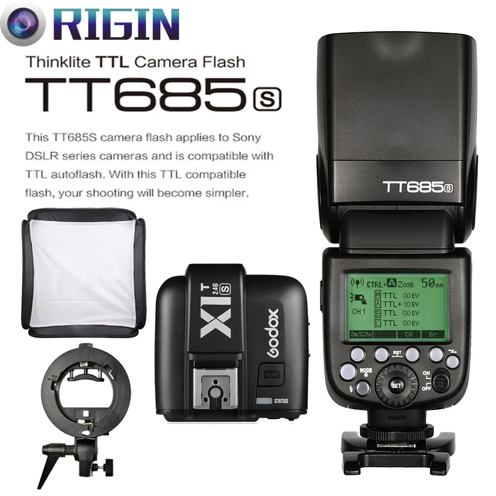 

Godox TTL II Autoflash GN60 HSS 1/8000s 2.4G Wireless Speedlite TT685S+X1T-S+S-Type Bracket+SoftBox (40cm or 50cm) Kit