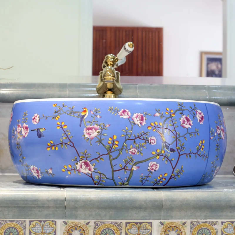 Europe style chinese Jingdezhen Art Counter Top ceramic bathroom sink painted porcelain sink with countertop  (1)