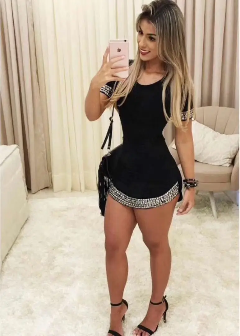 black Mini Women fashion Beading Bandage dress 2018 Elegant O Neck