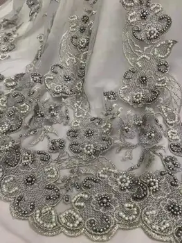 

High quality beads embroidered French mesh gauze African Nigeria lace white wedding dress suitable for DIY clothing fabric