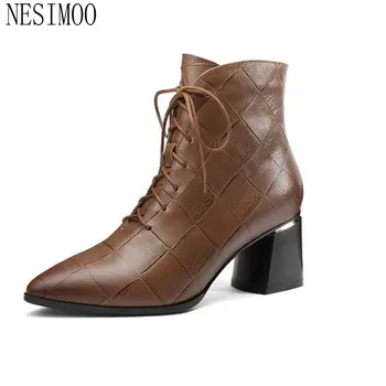 

NESIMOO 2019 New Fashion Women Ankle Boots Cow Leather+PU Square High Heel Pointed Toe Solid Ladies Motorcycle Boots Size 34-42