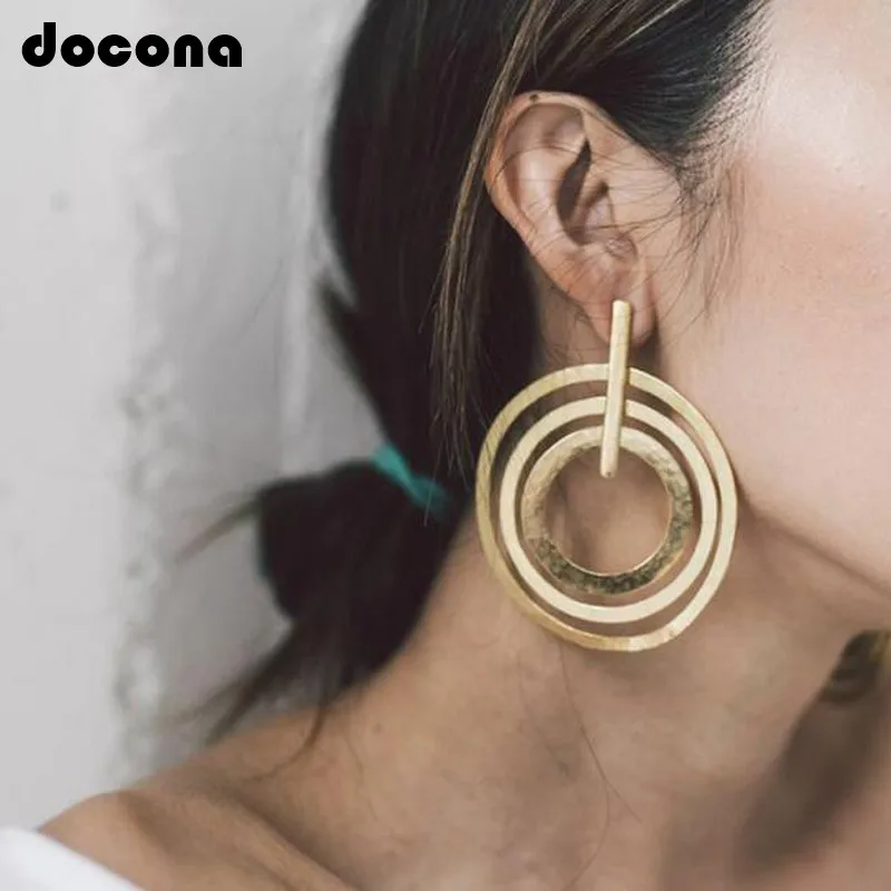 

Docona Punk Gold Color Double Circle Drop Dangle Earring for Women Geometric Pendant Earring Party Jewelry Oorbellen 6506