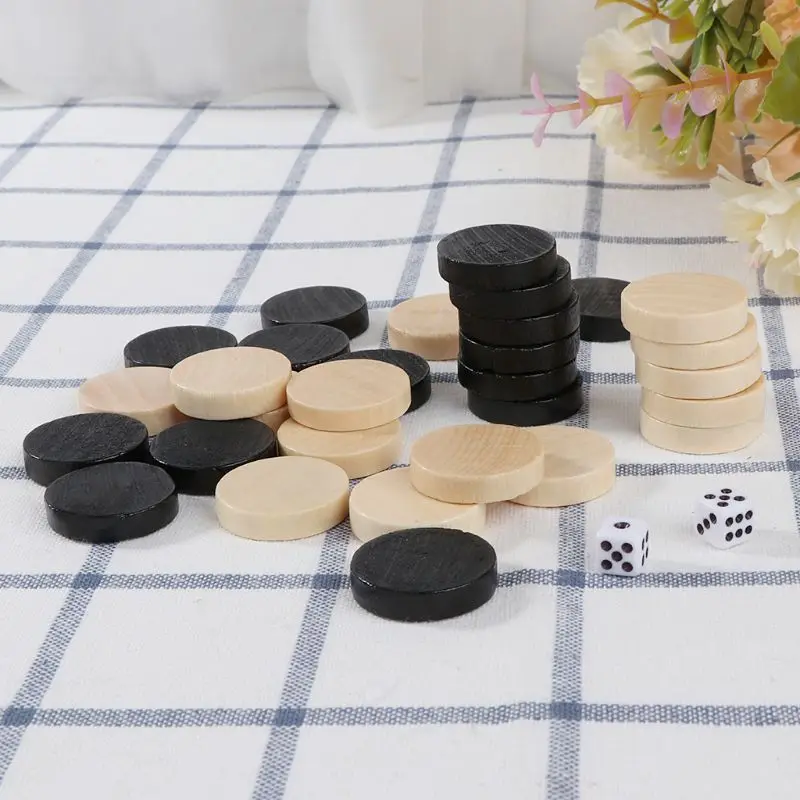 

30pcs Wooden Draughts Checkers Backgammon Chess Pieces for Kid Board Game 2 Dice