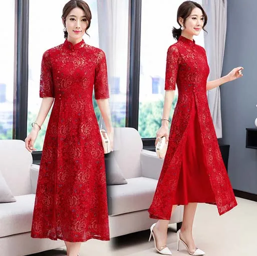 Весеннее гладильное Золотое Ретро китайское традиционное платье из шелка и хлопка Cheongsam женское свадебное китайское Восточное вьетнамское аозай - Цвет: red