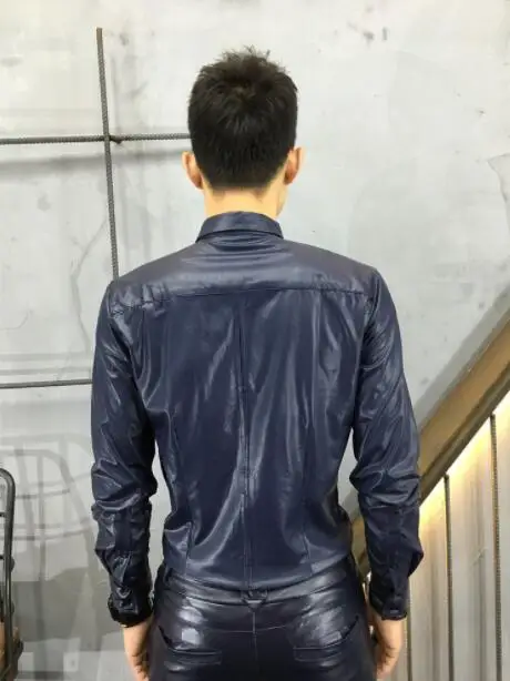 Hot 2019 New spring New imitation sheepskin washed leather long-sleeved shirt men trend Korean Slim leather shirt dark blue 