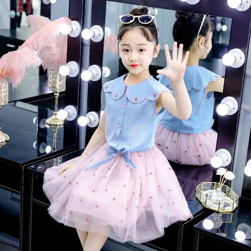 

Girls summer clothing sets children fashion sleeveless denim tops+tutu mesh dress 2pcs outfits for kids casual clothes suits