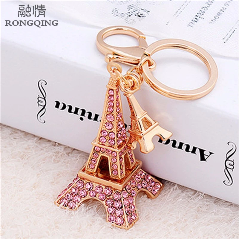 

2016 Trendy Pink Crystal Eiffel Tower Car Key Chains Female Key Ring Holder for Women Paris Landmark Gift