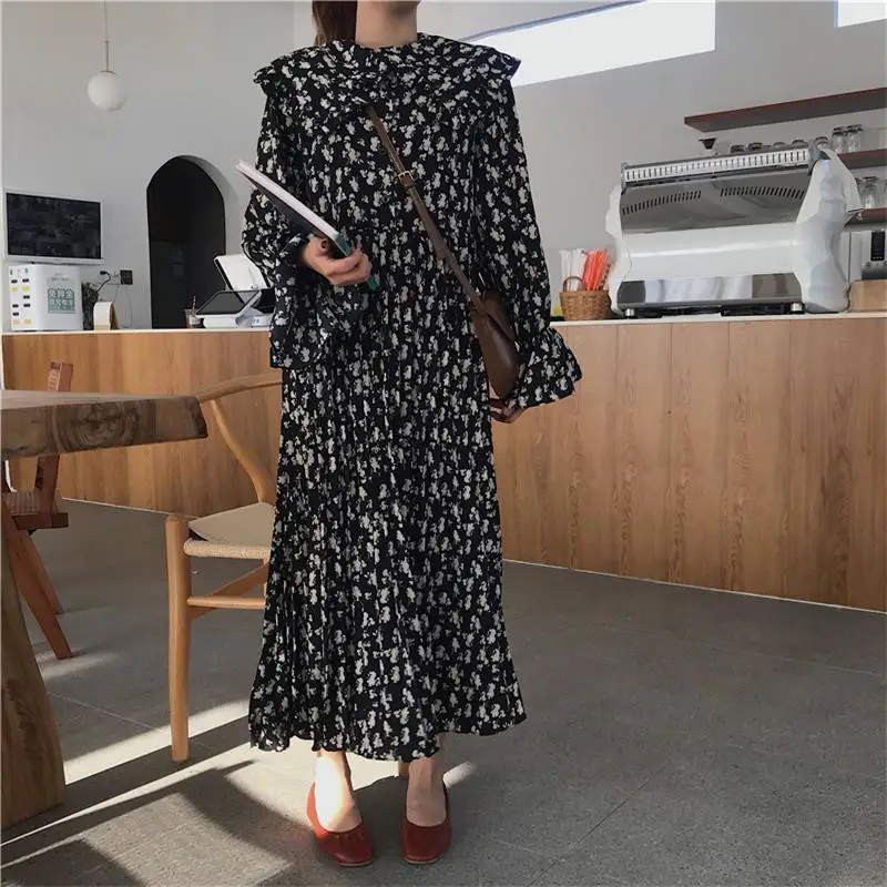 

Women's Dresses Ins Girl Kawaii Ulzzang Butterfly Collar Floral Trumpet Sleeve Dress Female Vintage Harajuku Clothes For Women