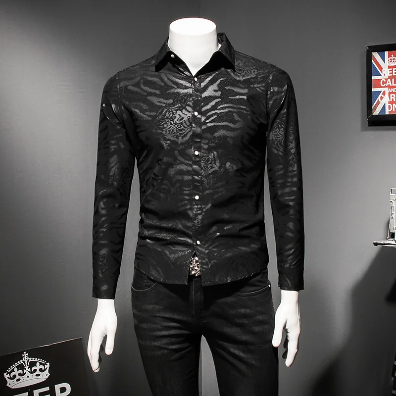 2020 Spring Men Long Sleeve Shirts High Quality Slim Fit Print Social Shirt Plus Size Casual Turn Down Collar Blouse Homme | Мужская