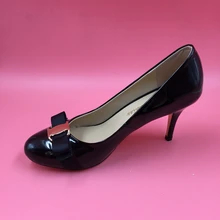 Black Round Toe Patent Leather Bow Slip On High Heel Stilettos Shoes Women Pumps Real Photos Shoes Size 12 Women Heels