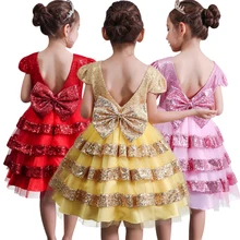 Новинка; свадебное многослойное платье принцессы с блестками для девочек в европейском и американском стиле; Пышное Платье с открытой спиной и большим бантом; вечерние Детские платья для танцев