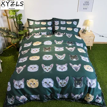

XYZLS Cartoon Cat US/AU/UK Queen Cotton Bedding Set Cute Kitten Duvet Cover Sets Single Double Full Twin King Green Bedclothes