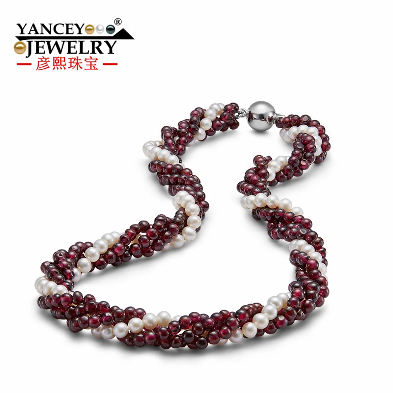 

New natural 4-5mm white shaped bright light freshwater pearl necklace For Women, with Natural garnet multilayer S925 Silver