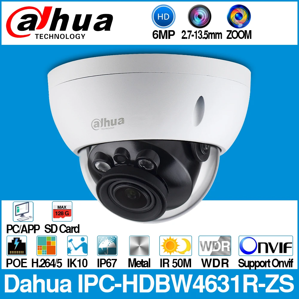 Dahua IPC-HDBW4631R-ZS 6MP IP Camera CCTV POE Motorized 2.7~13.5mm Focus Zoom H.265 50M IR MSX SD card slot Network Camera IK10