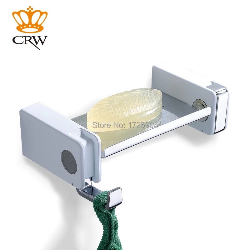 

CRW F3107WC Bathroom Shelf Brass Chromed Soap Dish with White Robe Hook Holder Muli-functions Soap Box