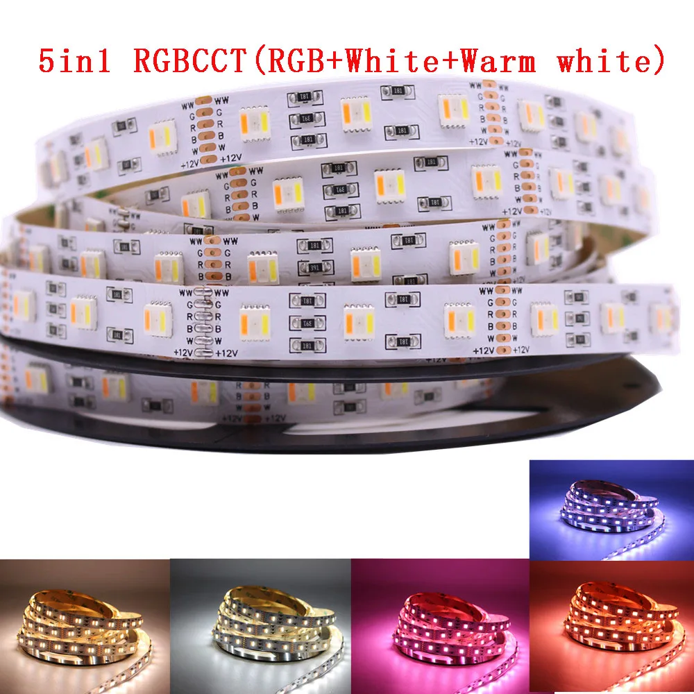 12 мм PCB 5 м 4в1 5в1 RGB+ CCT Светодиодная лента 5050 60 Светодиодный s/M 5 цветов в 1 чип CW+ RGB+ WW RGBW RGBWW гибкий светодиодный светильник 12 В 24 В