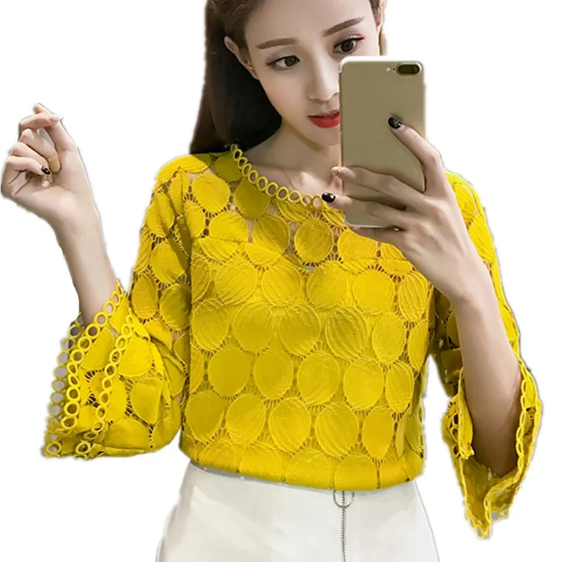 

New Fashion Summer Korean Women Hollow Out Lace Blouses Shirts New Clothing Flare Sleeves O-Neck Slim Female Apricot White Tops