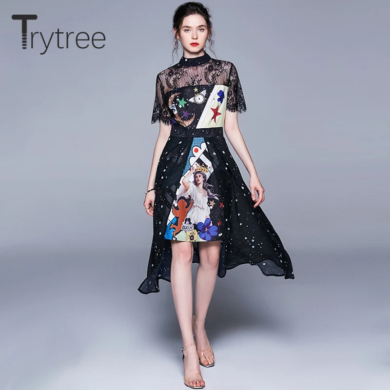

Trytree 2019 Summer Autumn Dress Women Stand Collar Lace Patchwork Print Polyester Dresses A-Line Mid-Calf Casual Elegant Dress