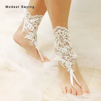 

Delicate Ivory Lace Wedding Barefoot Sandals 2019 Free Size Anklet Shoes With Toe Sandbeach Bridal Beach Bridesmaid Foot Jewelry