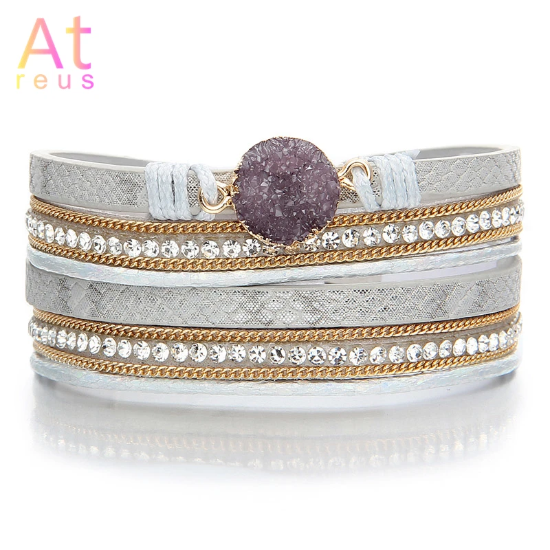 

Simulated Natural Stone Crystal Charm Bracelets & Bangle Woman Fashion Female Weave Multilayer Leather Wristband Bracelet Homme