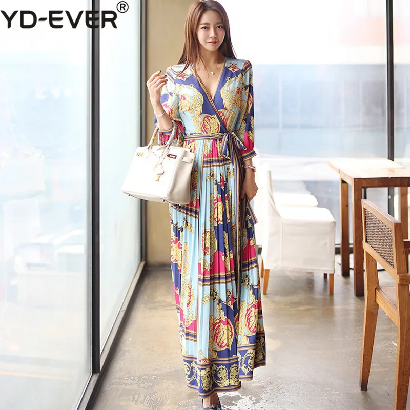 

Elegant Cross V Neck Sashes Long Dress Women 2019 Summer Holiday Vintage Print Pleated Dresses Waist Swing Ankle-length Vestidos