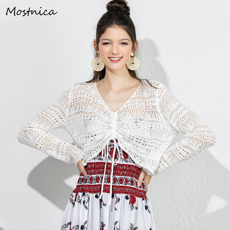

Mostnica Front Drawstring Hollow Out Transparent Crop Tops Long Sleeves Knitted Mesh Sheer Pullover Plunging Tshirt Cape Outwear