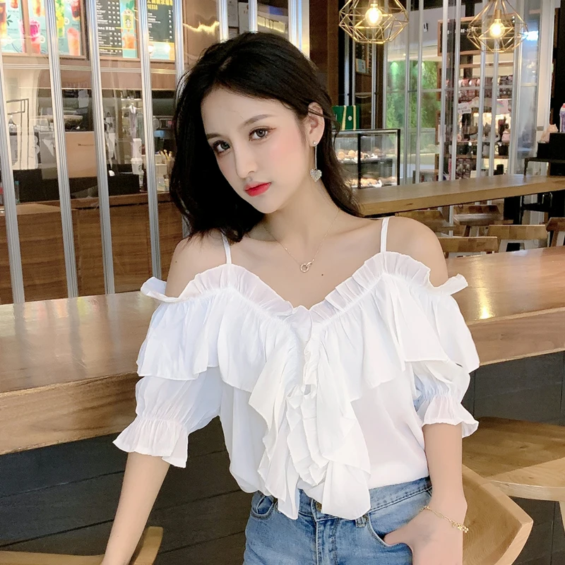 

2019 New Women Off Shoulder Chiffon Blouses Korean Fashion Braces Half Sleeve Ruffle Summer Blouse Womens Clothing