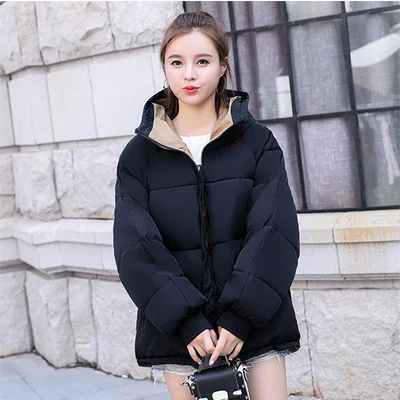 Однотонные плотные теплые короткие пуховые пальто с капюшоном для женщин, корейский стиль, на молнии, с карманами, тонкие пальто, женские модные куртки, Новинка - Цвет: Черный