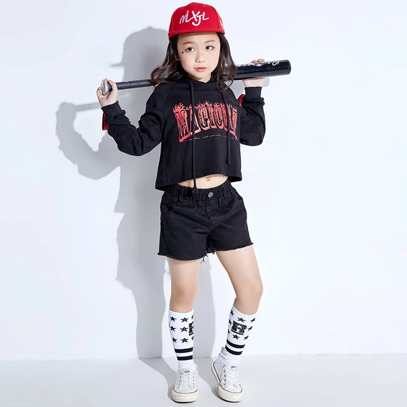 

Kids Adults Girls clothing set Costumes Hip Hop dance Shorts & Black Flame letter Sweatshirt kids suits twinset