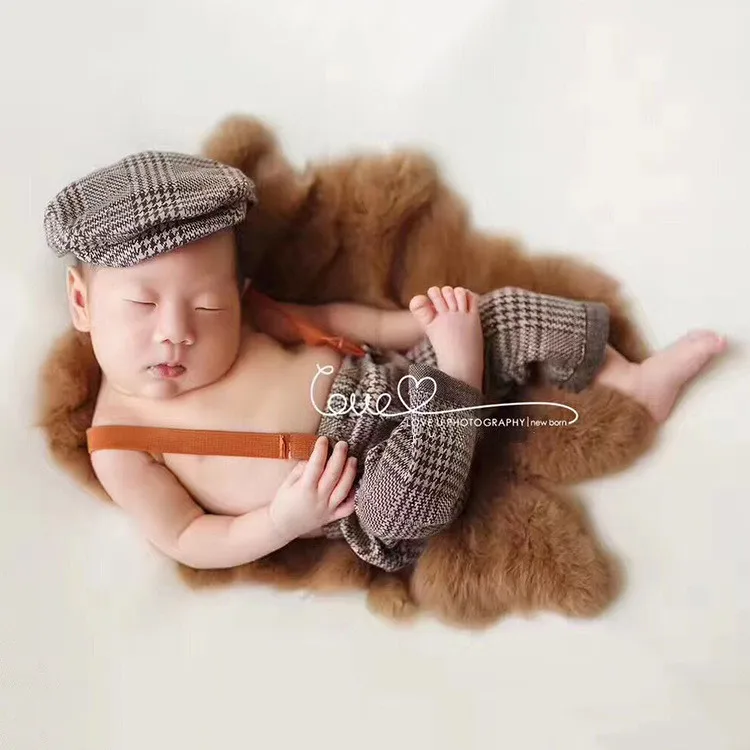 Newborn Photography Clothes Studio Baby Photo Props Accessories Baby Girl Boys Hat+Pants Set Little Gentleman Plaid Costume maternity photography packages near me