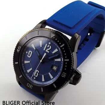 

Solid BLIGER 43MM Blue Sterile Dial Black PVD Coated Case Luminous Marks Automatic Movement Men's Watch BI3