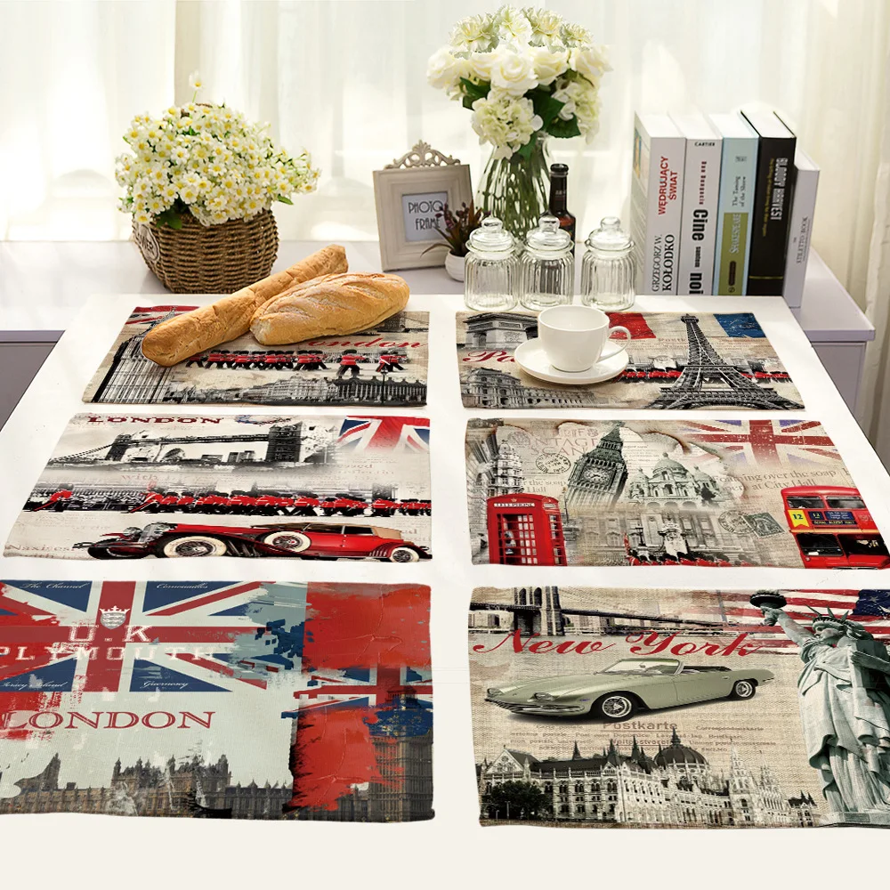 

Retro Style Pattern Table Mat Rectangle Linen Table Mats for Dining Table Tea Party Placemat Kitchen Accessories Decoration Home