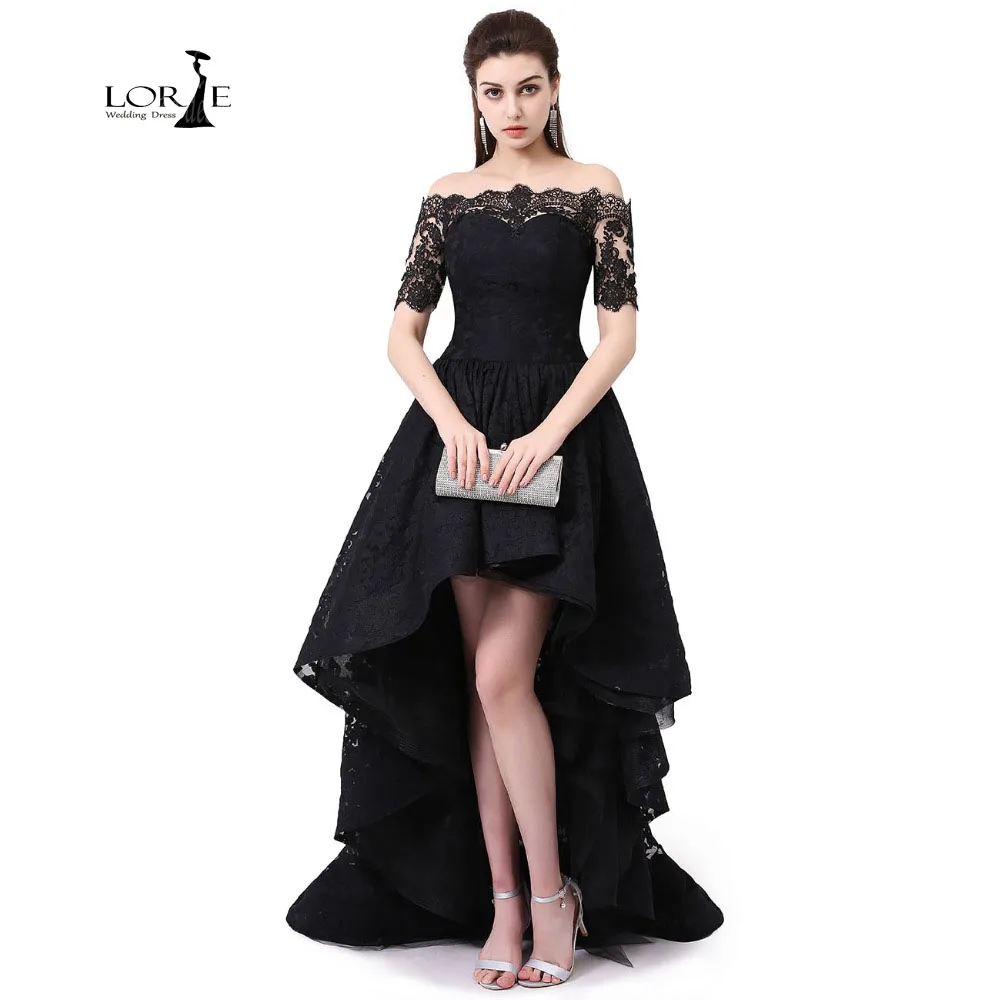 LORIE/Кружевные Платья Vestidos De Graduacion Largos с открытыми плечами, платье для выпускного вечера, вечерние платья с коротким рукавом черного цвета