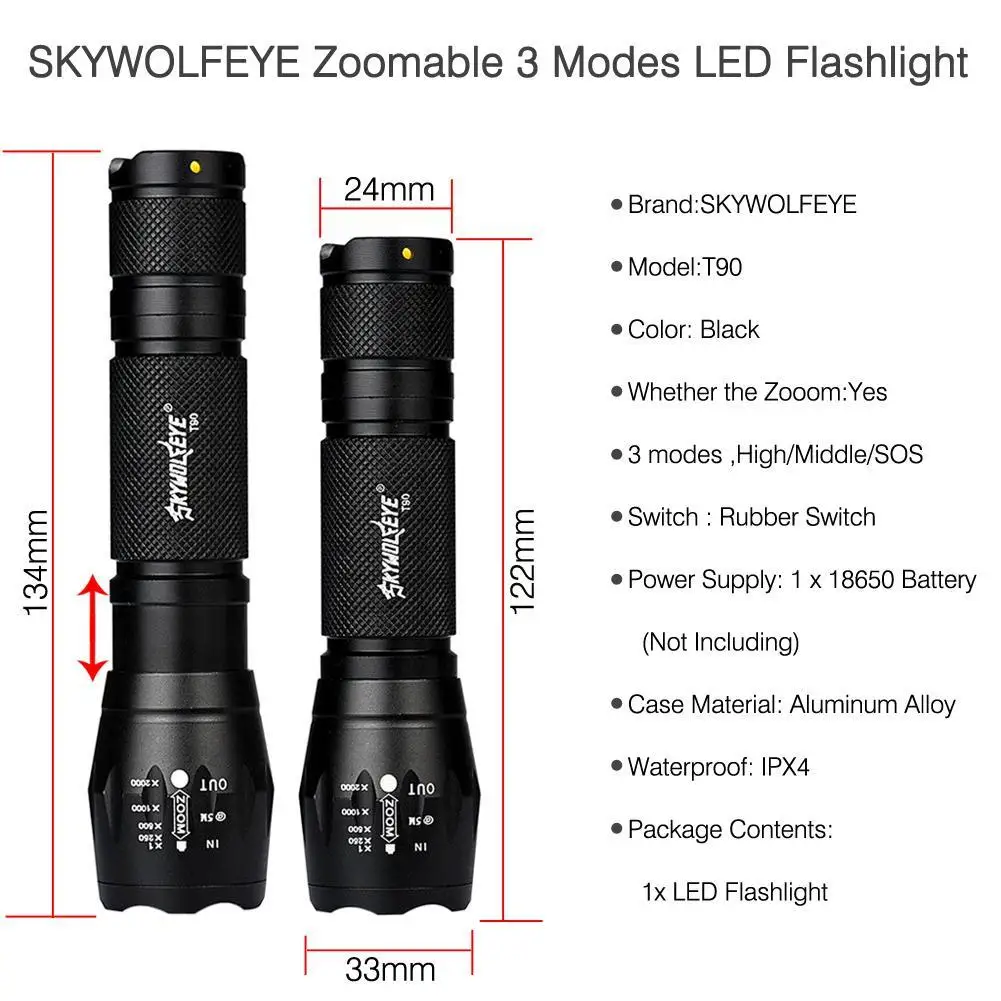 Тактический фонарь SKYWOLFEYE T6 3 режима светодиодный фонарик с батареей 18650 и