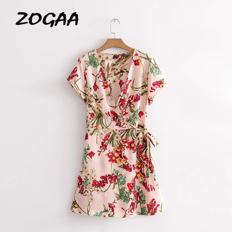 

ZOGAA Women Floral Print Mini Dress Korea Style V-neck Summer Beach Dress with Belt Lady Elegant Beach Party Bandage Vestidos