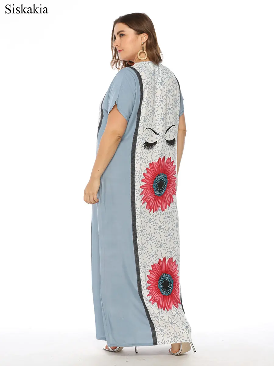 Siskakia Flower Print Plus Size Women Maxi Long Dress Vintage Loose V Neck Short Sleeve Female Dresses Blue Pink Summer 2019 New (12)