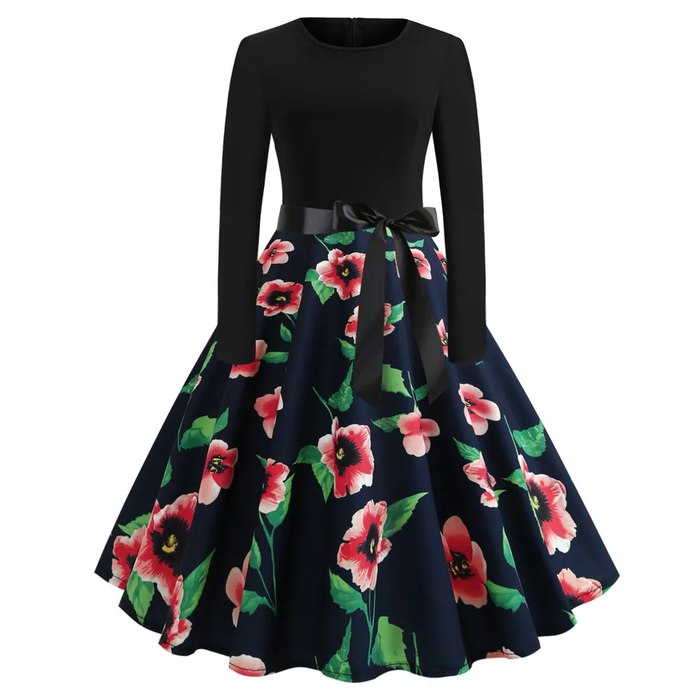 Ретро клетчатое винтажное платье халаты рокабилли для женщин Элегантный цветочный принт с длинным рукавом платья для вечеринок повседневные женские офисные Vestidos