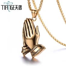 

TIANGE Hip hop Hand Shape Pendant Necklace Women Men Gold Color Stainless Steel Religion Prayer Necklace Jewelry