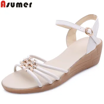 

ASUMER 2019 hot sale new shoes woman buckle wedges sandals women Casual genuine leather shoes women high heels ladies shoes