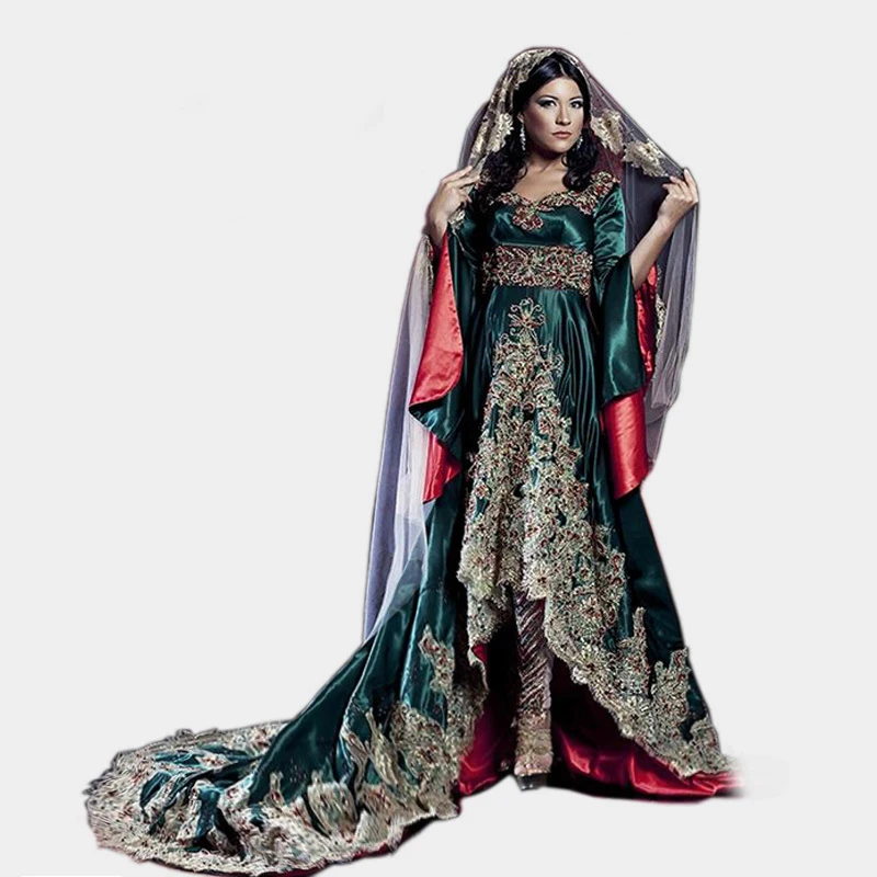 2019 новый роскошный Дубае V шеи одежда с длинным рукавом золотой Аппликация из бисера ударением элегантные арабские Кафтан Вечернее платье