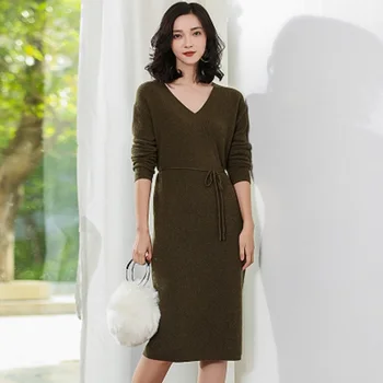 

JECH Autumn Winter New V-Neck pure Cashmere Sweater Long Dress fashion Solid color Loose women's Sweaters long skirt pullovers