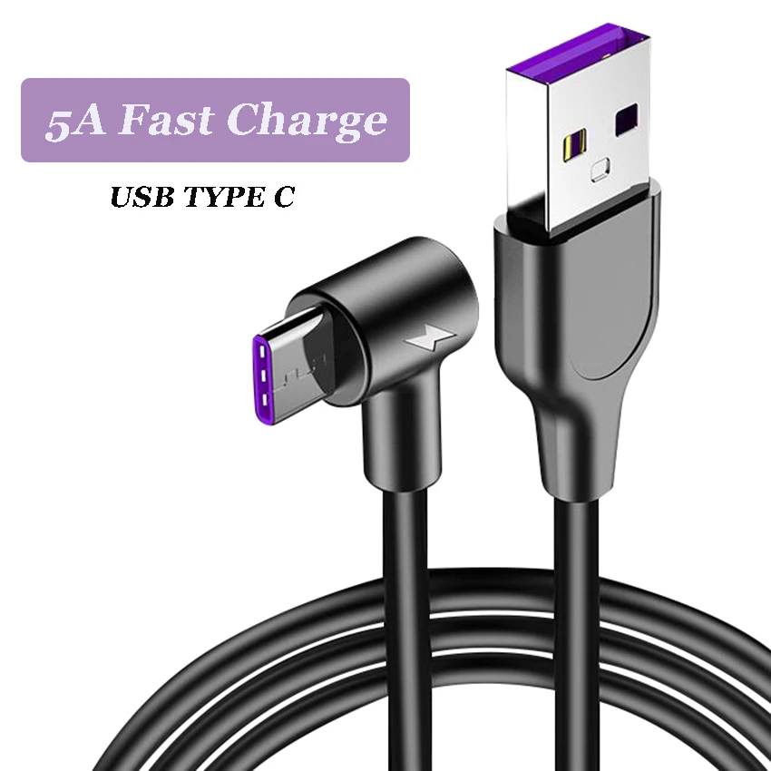 

5A 90 Degree Fast Charging USB Type C For Cable Samsung S8 S9 S10+ USB C Cable Data Cable for Huawei P30 Lite P20 Pro 1/1.5/2m