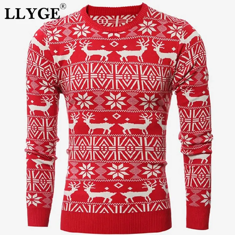 

2019 Winter Christmas Men Sweater Deer Printed Long Sleeve Warm Knitted Pullover Men's Casual Slim Fit O-Neck Thick Sweater Tops
