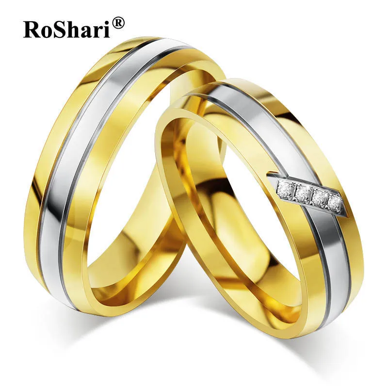 

RoShari Trendy Wedding rings for women men 316l Stainless Steel Metal ring men AAA CZ Zircon Stone Jewelry never rust or fade